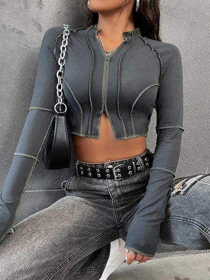Zip-Up Raglan Crop Tee with Top-Stitch Detail - Streetwear Top for Women