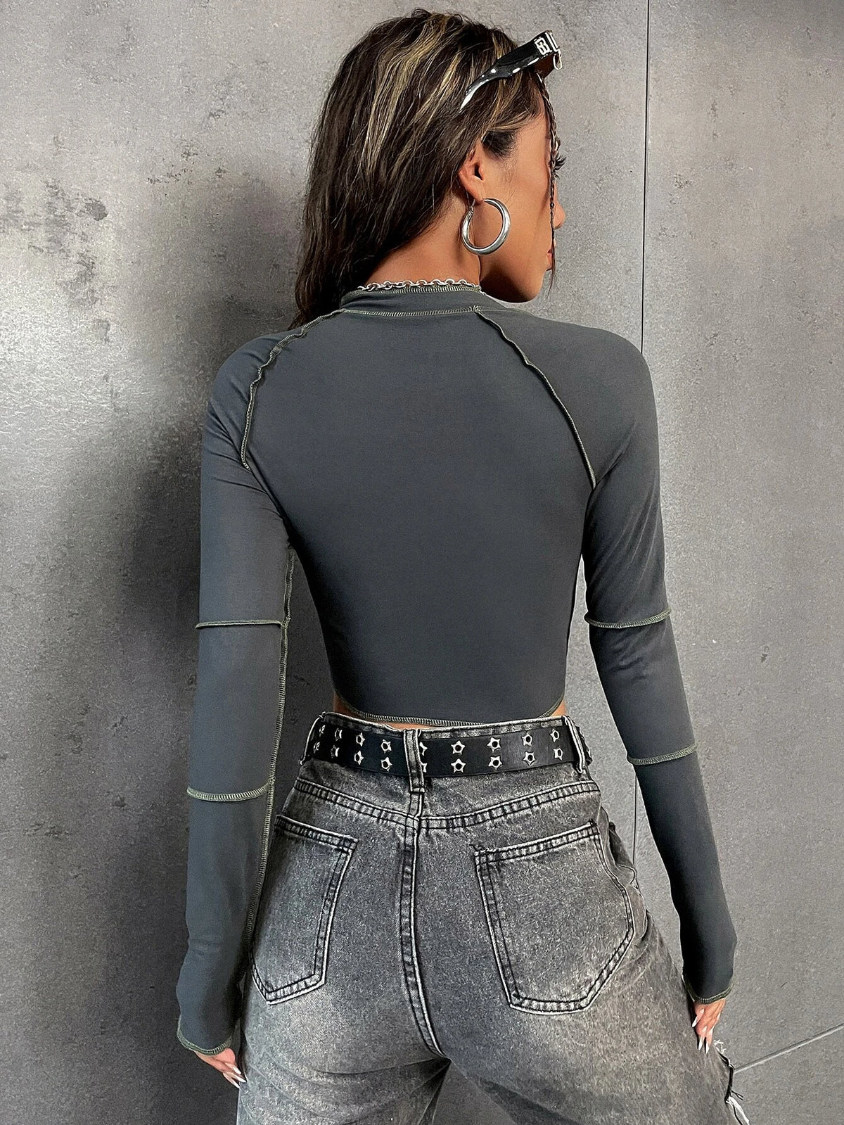 Zip-Up Raglan Crop Tee with Top-Stitch Detail - Streetwear Top for Women
