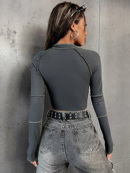 Zip-Up Raglan Crop Tee with Top-Stitch Detail - Streetwear Top for Women