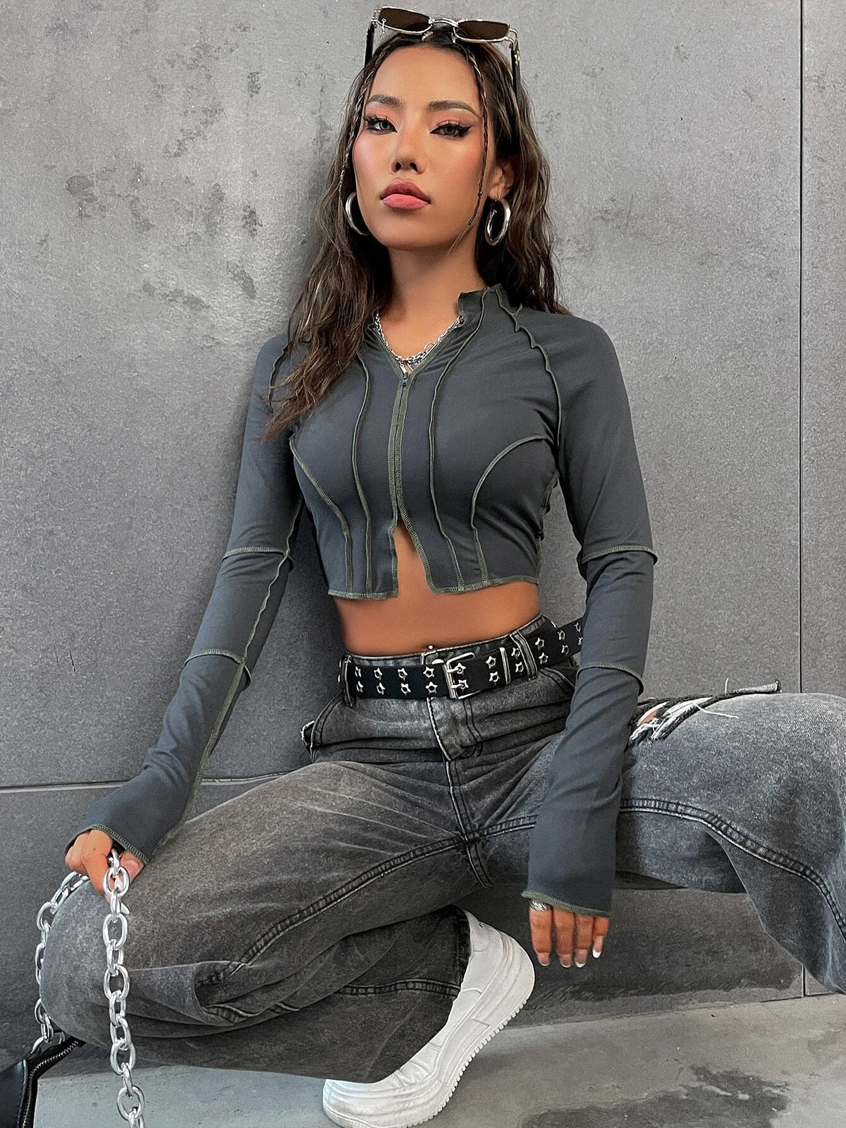 Zip-Up Raglan Crop Tee with Top-Stitch Detail - Streetwear Top for Women