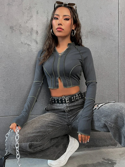 Zip-Up Raglan Crop Tee with Top-Stitch Detail - Streetwear Top for Women