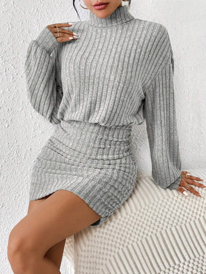 Ruched Turtleneck Bodycon Dress - Drop Shoulder Textured Winter Casual Dress