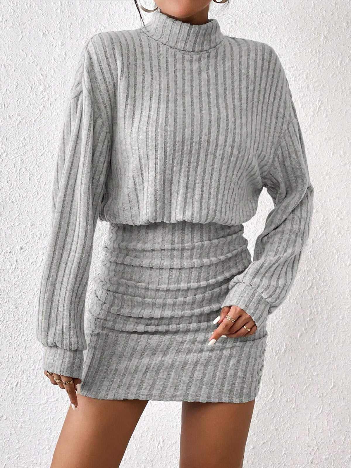 Ruched Turtleneck Bodycon Dress - Drop Shoulder Textured Winter Casual Dress