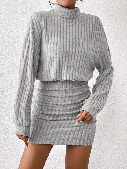 Ruched Turtleneck Bodycon Dress - Drop Shoulder Textured Winter Casual Dress